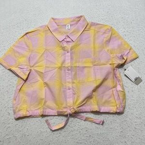 BP. Pink Yellow Window Pane Plaid Button Down Cropped Top Small NWT